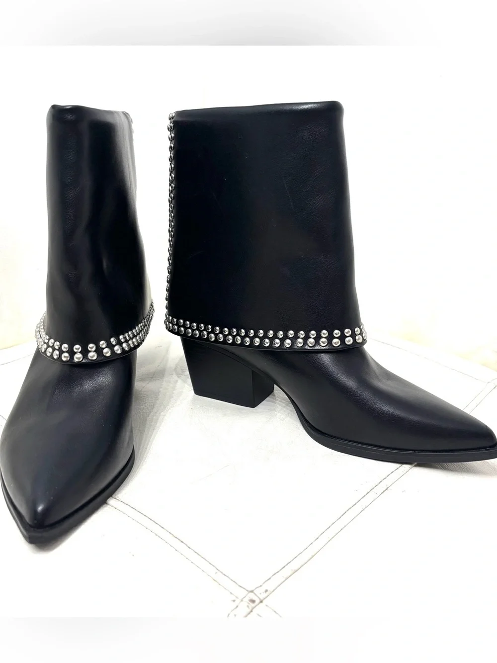 Michael Shanon Royce Fold Over Black Studded Pointed Ankle Booties